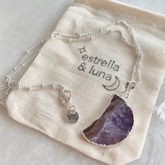 Raw Amethyst Slice Silver Moon Pendant Necklace - Picture 4 of 6